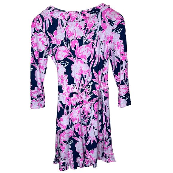 Lilly Pulitzer Jessalynne Romper XS Navy Flamingo Ruffle Wrap Summer Floral Pink - Picture 4 of 12